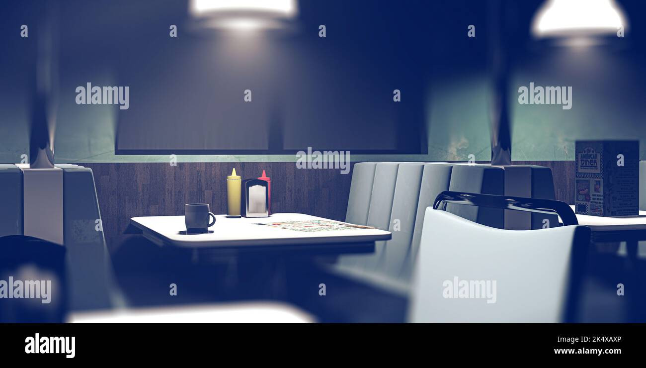 mobili diner con tavoli e coch 3d illustrazione Foto Stock