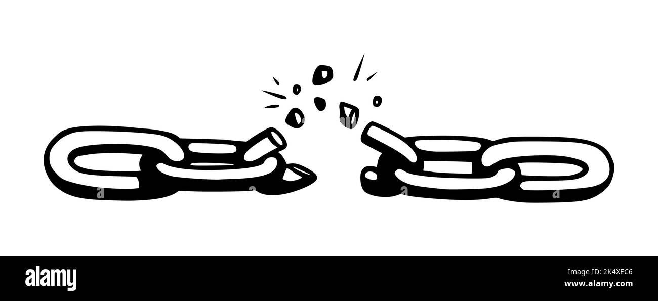 Catena spezzata con frantumazioni come simbolo di forza e libertà. Schizzo delle catene metalliche. Illustrazione vettoriale isolata su sfondo bianco Illustrazione Vettoriale