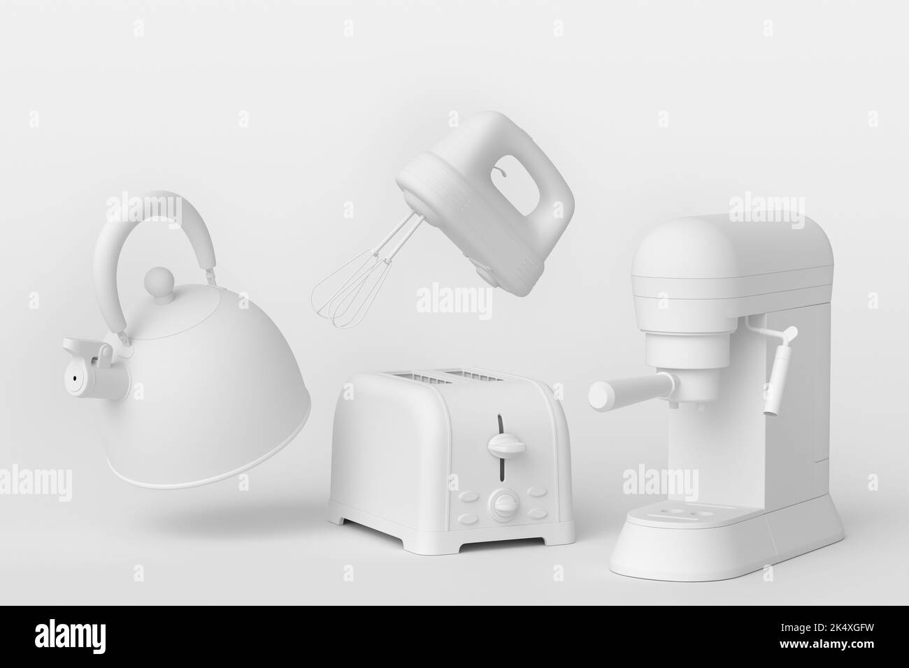 Macchina per caffè espresso, mixer manuale, bollitore e tostapane per preparare la colazione su sfondo monocromatico. 3d rendita di caffettiera per la preparazione di latte cof Foto Stock