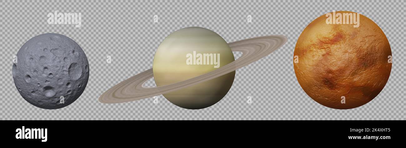 Pianeti del sistema solare, 3D Saturno, Venere e Luna isolati su sfondo trasparente. Corpi celesti, oggetti spaziali, pianeti e satelliti con texture di superficie dettagliata, set vettoriale realistico Illustrazione Vettoriale