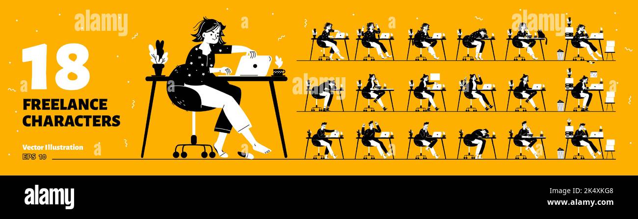 Set di 18 freelance isolati su sfondo giallo. Illustrazione vettoriale dei caratteri piatti maschili e femminili che lavorano su un computer portatile da casa, stanchi, sovraccaricati, felici di successo, scontenti del fallimento Illustrazione Vettoriale