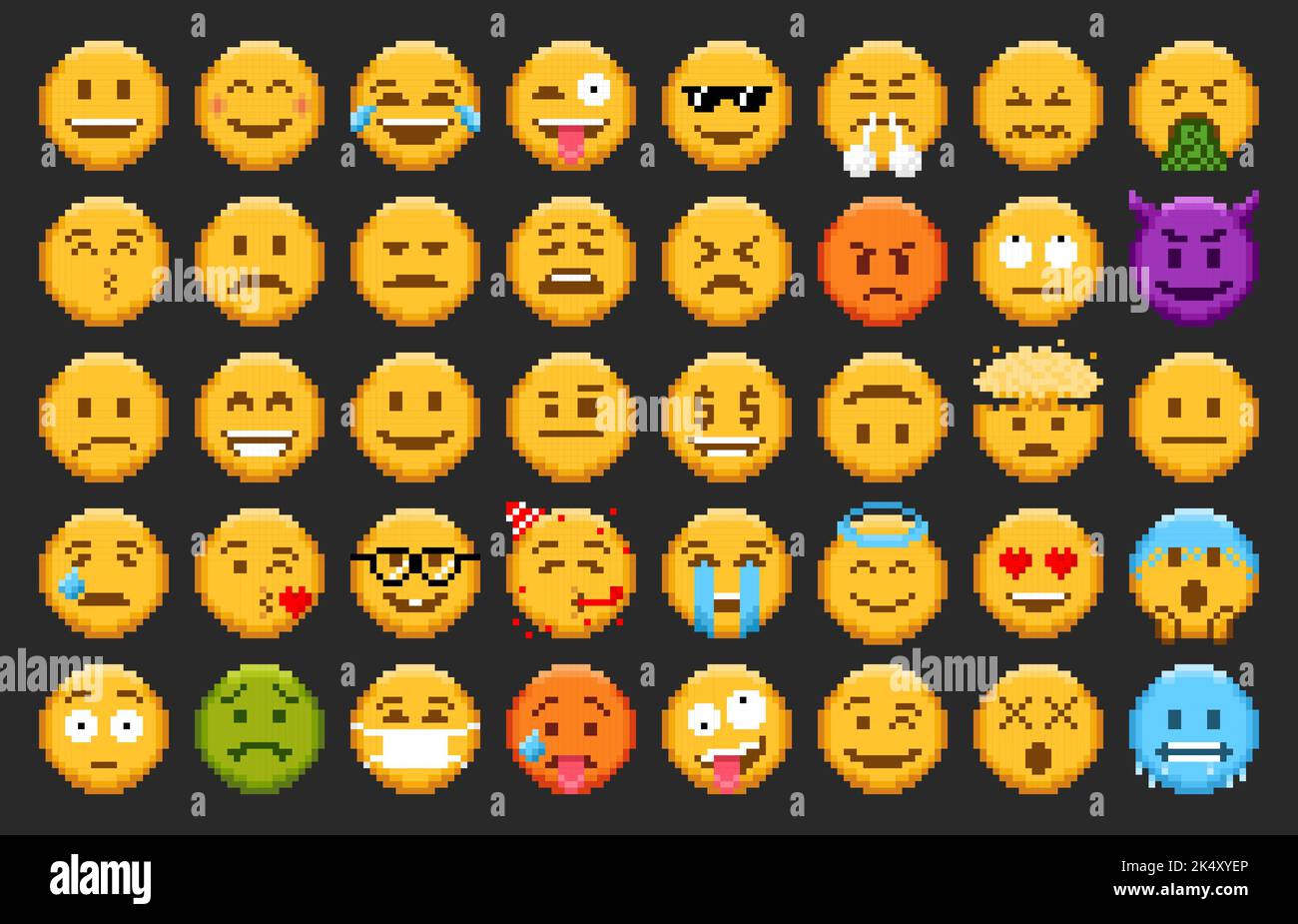 Pixel emoji, emoticon sorride e icone facciali a 8 bit, vettore felice, triste e arrabbiato set. Pixel emoji o cute sorride con emozioni ridere o amare, messaggi chat emoticon e espressione sorrisi, pixel stickers Illustrazione Vettoriale