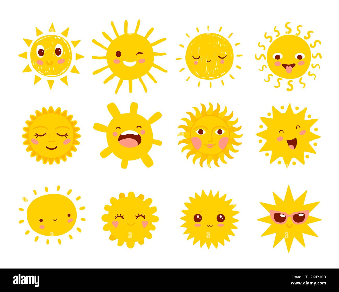 Cartoni animati simpatici personaggi del sole. Disegnati a mano felici sorridenti, ridenti e vaiolanti personaggi allegri al sole con raggi ondulati, punteggiati e affilati. Clima caldo, sole e caldo estate clima isolato icone vettoriali Illustrazione Vettoriale