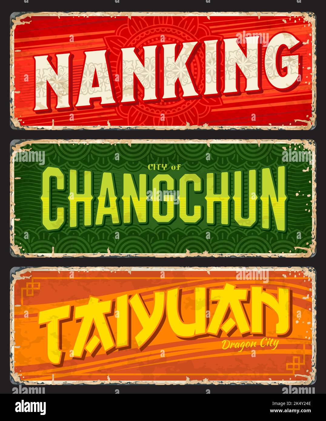 Nanking, Changchun, Taiyuan, targa da viaggio cinese. China City tour grungy Tin segno o cartolina, destinazione turistica asiatica vintage vintage banner, adesivo o piastra indossata con emblema comune, ornamento Illustrazione Vettoriale