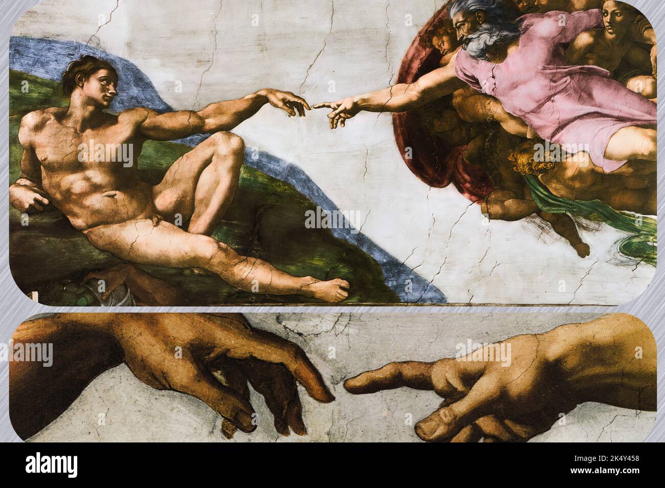 Alcuni dettagli del famoso capolavoro - la creazione di Adamo di Michelangelo nella Cappella Sistina, Vaticano, Roma, Italia Foto Stock