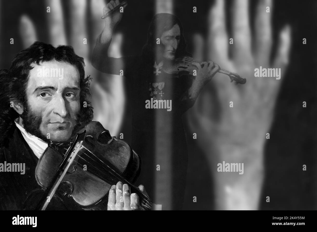 Il più grande violinista di tutti i tempi, Niccolò Paganini, sullo sfondo il cast delle sue mani straordinarie Foto Stock