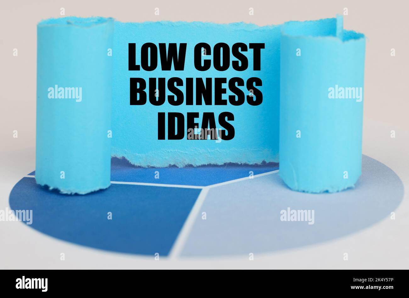 Concetto aziendale. Sul diagramma blu c'è un cartello in carta ritorto con l'iscrizione Low Cost Business Ideas Foto Stock