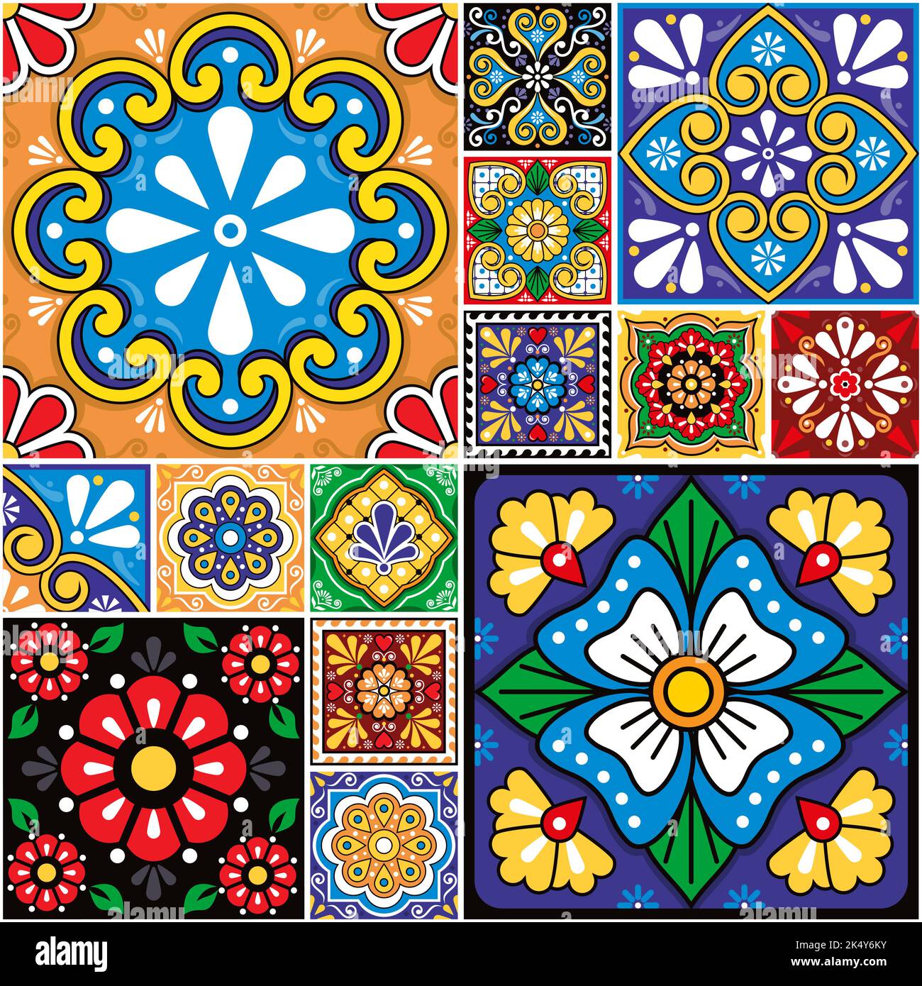 Piastrelle messicane talavera ceramica stile vettore senza cuciture modello collezione con diverse dimensioni piastrelle, disegni colorati tradizionali con motivi floreali Illustrazione Vettoriale