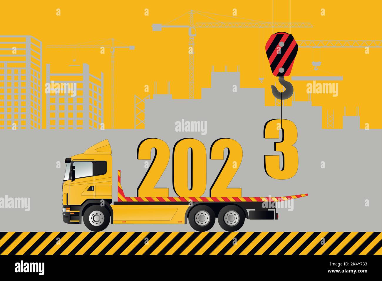 Carta di Capodanno, 2023. Una gru sta caricando un camion con figurine di Natale. Illustrazione del vettore piatto. Illustrazione Vettoriale