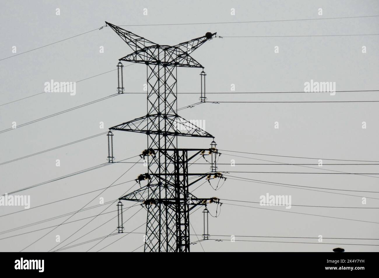 silhouette torri elettriche che supportano cavi in rame per il trasporto di energia elettrica Foto Stock