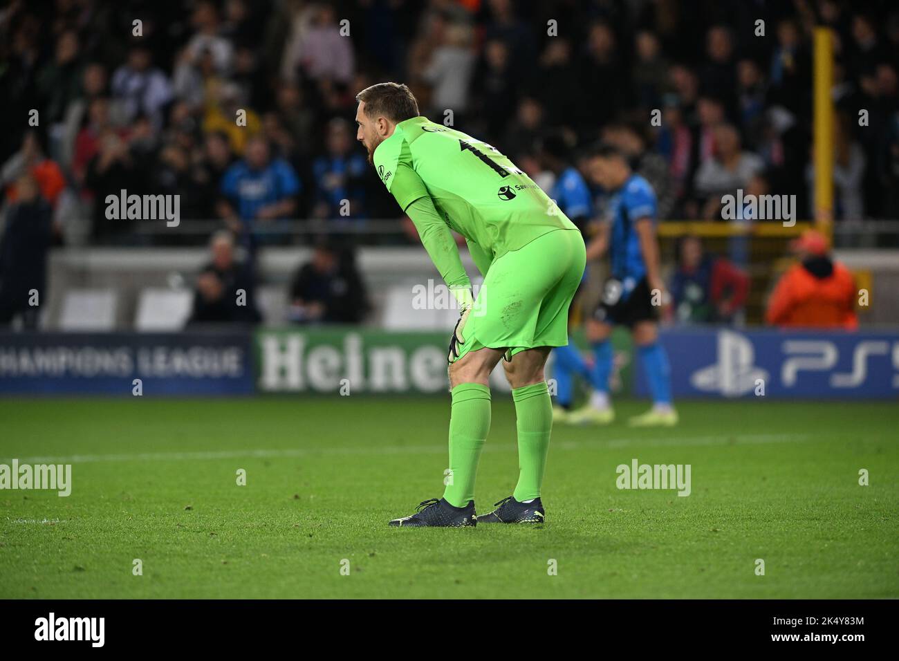 Brugge, Belgio. 04th Ott 2022. Il portiere Jan Oblak (13) dell'Atletico Madrid ha mostrato di essere sconfortato e deluso durante una partita di calcio tra il Club Brugge KV e l'Atletico Madrid durante il terzo matchday del gruppo B nella UEFA Champions League per la stagione 2022-2023, martedì 4 ottobre 2022 a Brugge, Belgio . Credit: David Catry/Alamy Live News Foto Stock