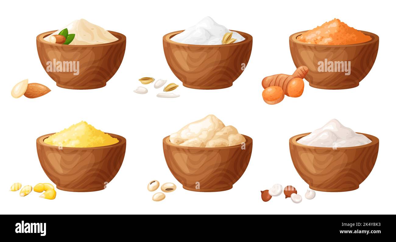 Farina in ciotola di legno. Set di polvere senza glutine in prodotti organici. Cibo biologico sano. Illustrazione vettoriale isolata su sfondo bianco. Illustrazione Vettoriale