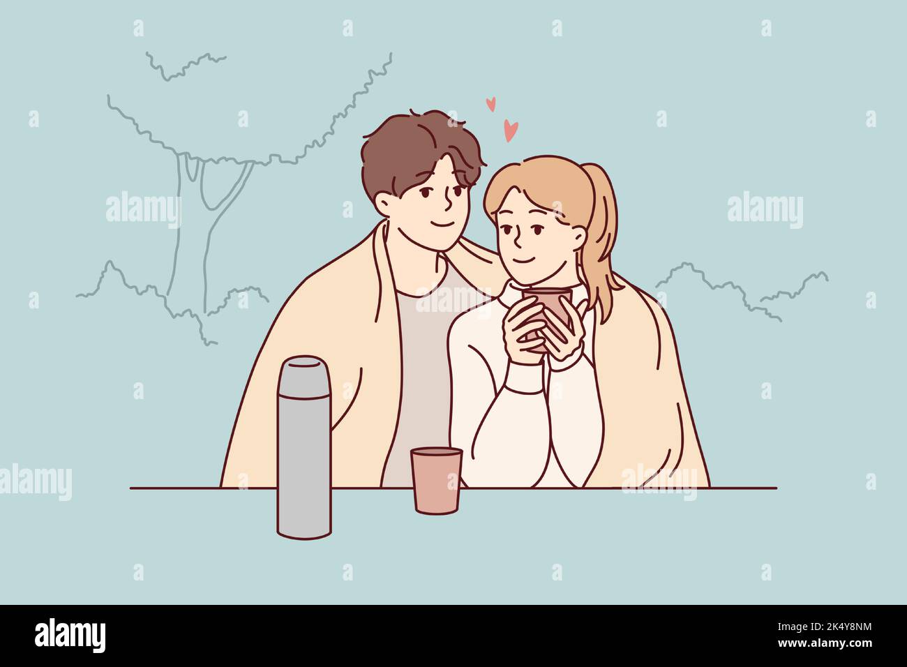 Felice coppia seduta nel parco che abbraccia bere caffè caldo godere insieme romantica data. Sorridente amore uomo e donna abbracciare coccole all'aperto. Illustrazione vettoriale. Illustrazione Vettoriale