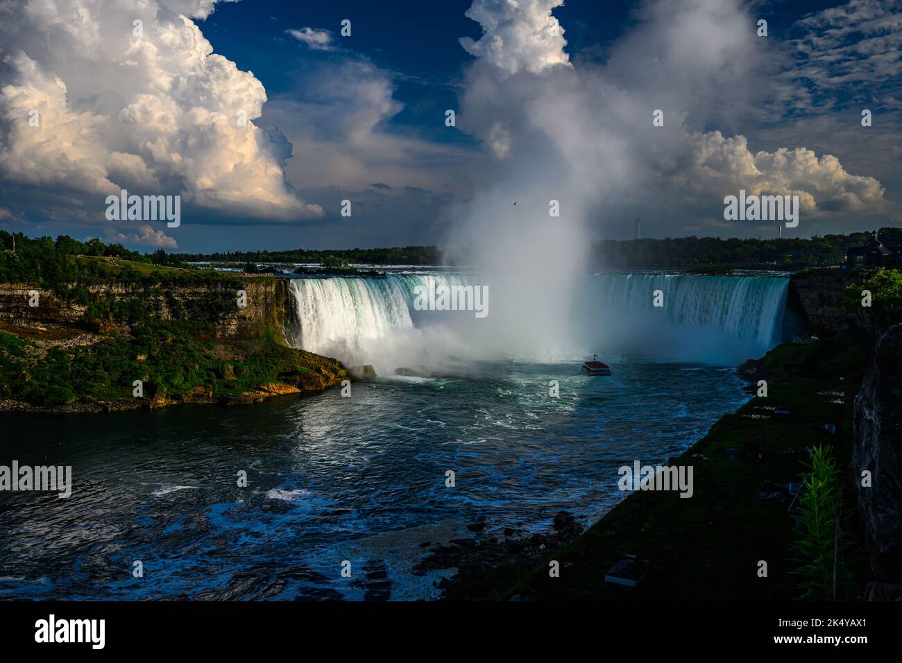 Vista laterale canadese delle cascate del Niagara, delle American Falls, delle Horseshoe Falls, del fiume Niagara, attrazioni turistiche, casinò, fuochi d'artificio e gite in barca al tramonto; Foto Stock
