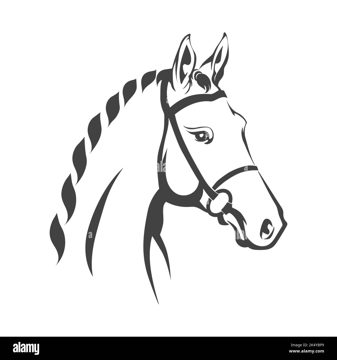 Emblema monocromatico di testa di cavallo isolato su bianco. Illustrazione vettoriale. Illustrazione Vettoriale