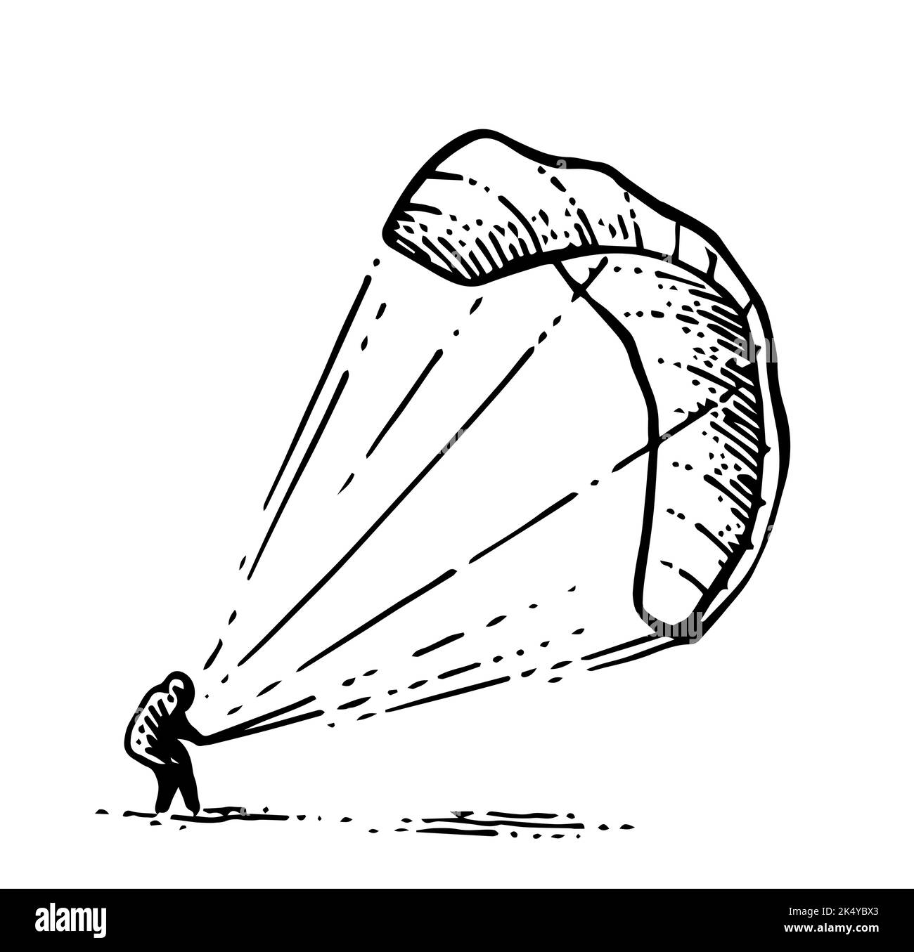 Il aliante a vapore cattura il vento per decolarlo. Parapendio paracadute. Sport estremi. Volo ad alta quota controllato. Schizzo del contorno disegnato a mano. Isolat Illustrazione Vettoriale