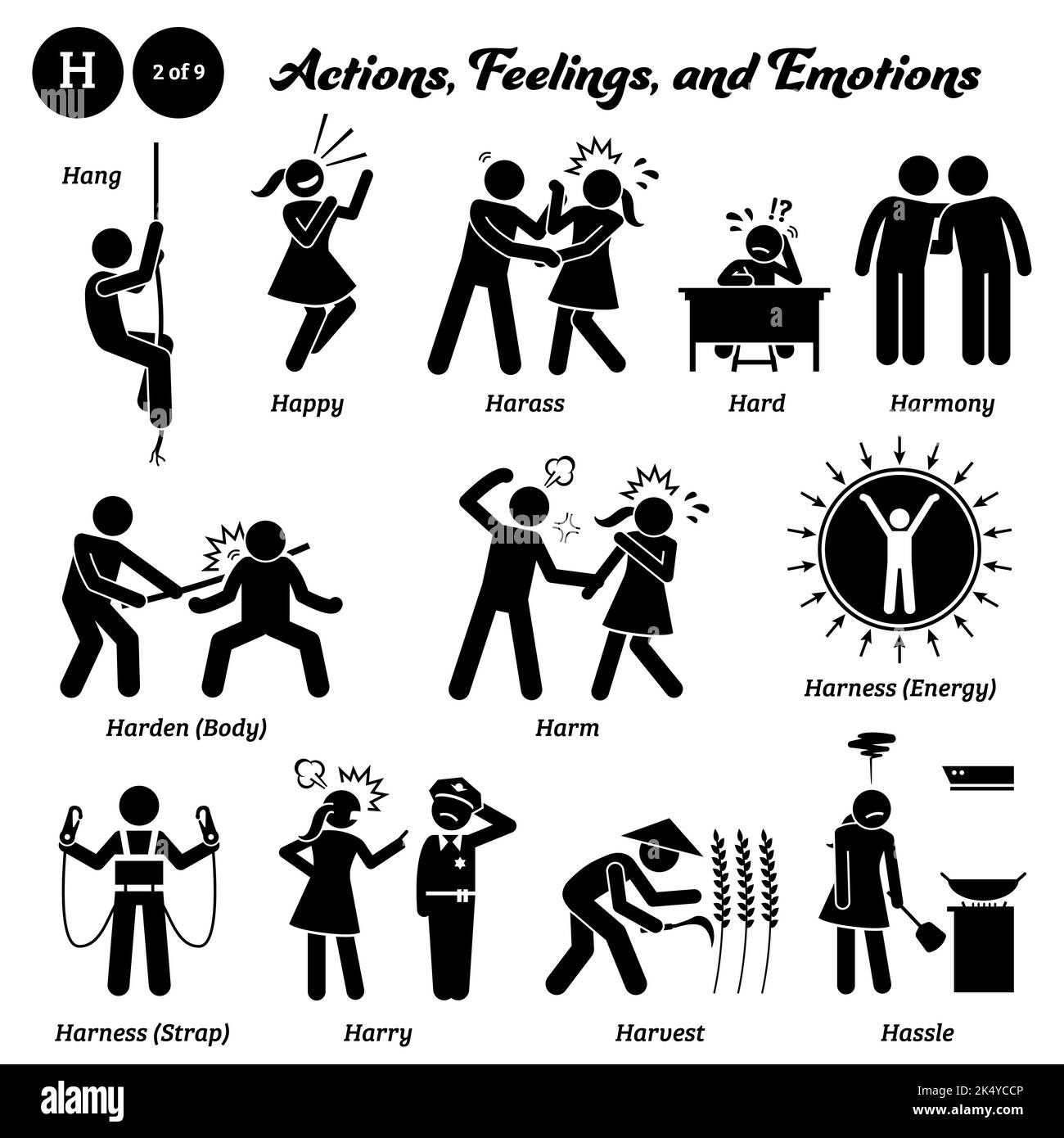 Stick figure persone umane uomo azione, sentimenti, ed emozioni icone alfabeto H. Hang, felice, molestare, duro, armonia, indurisca il corpo, danni, energia di imbrago, Illustrazione Vettoriale