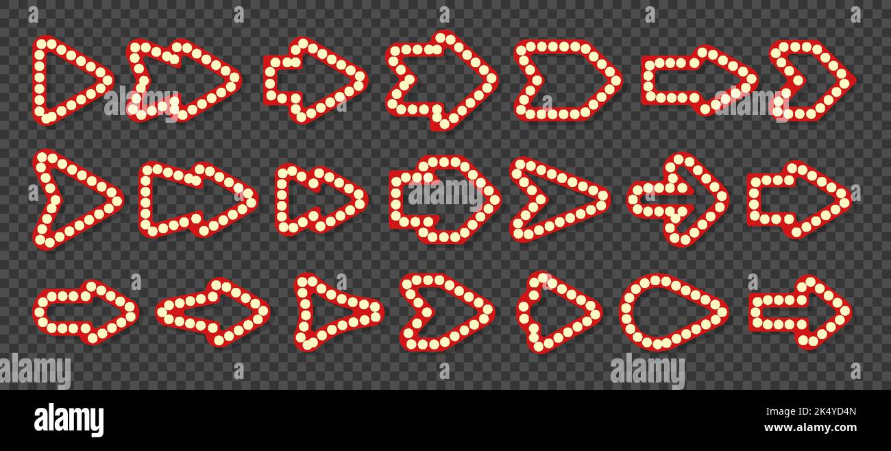 Freccia retro illuminato bordo neon grande icona set. Lampada elettrica elemento affissione pubblicità. Puntatore per cartello nightclub. Banner notturno bar. Festival circo casinò segno cinema. Segnaletica luminosa Illustrazione Vettoriale