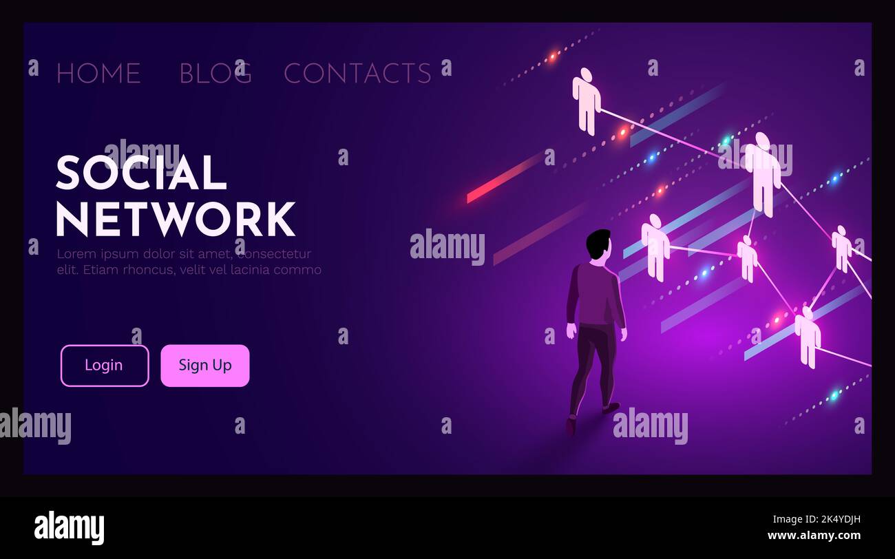 L'uomo si trova di fronte a un social network. Analisi e organizzazione delle persone. Illustrazione vettoriale Illustrazione Vettoriale