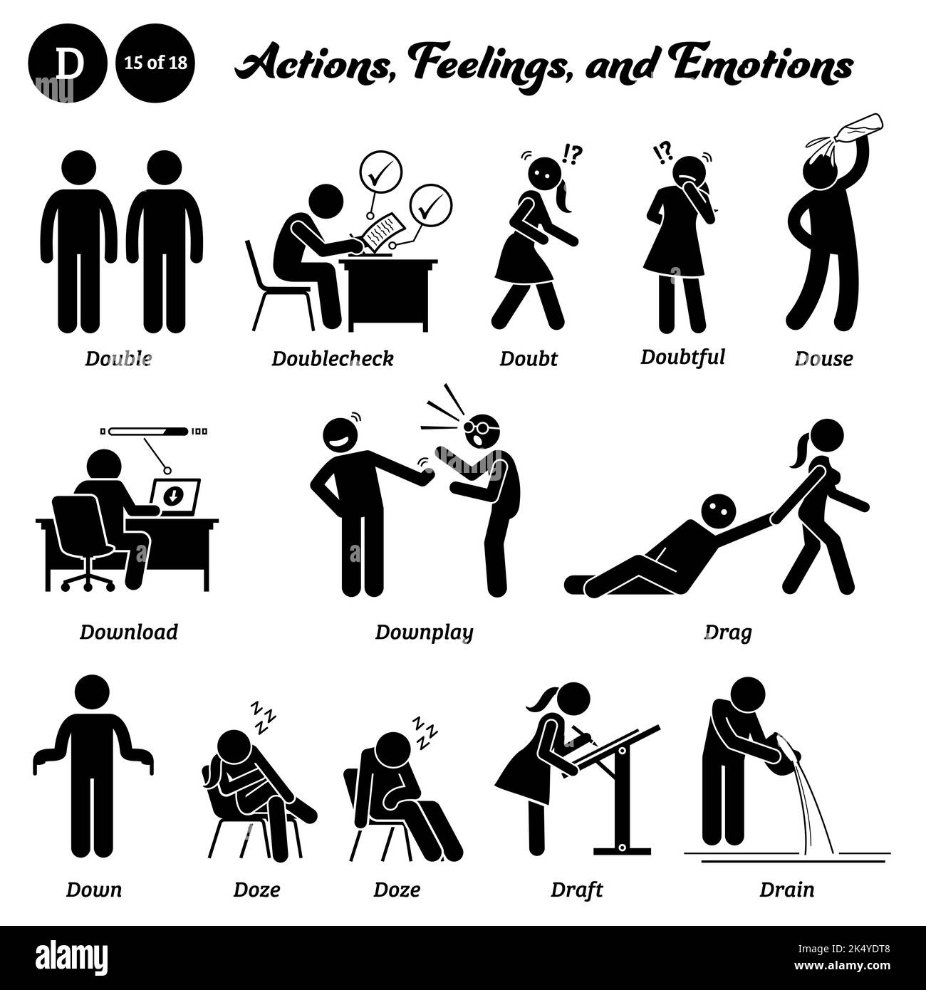 Bastone figura persone umane uomo azione, sentimenti, ed emozioni icone alfabeto D. doppio, doppio controllo, dubbio, dubbio, download, downplay, trascinamento, Illustrazione Vettoriale