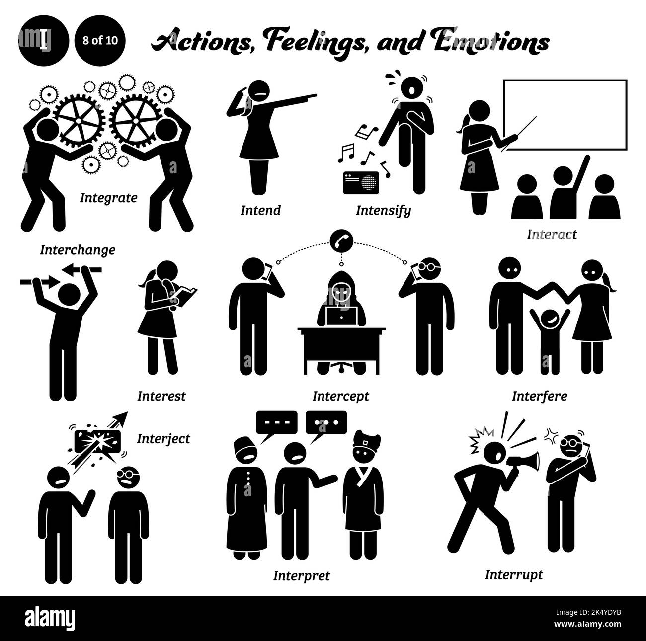 Stick figure persone umane uomo azione, sentimenti, ed emozioni icone alfabeto I. integrare, intendere, intensificare, interagire, intercambiare, interesse, intercep Illustrazione Vettoriale