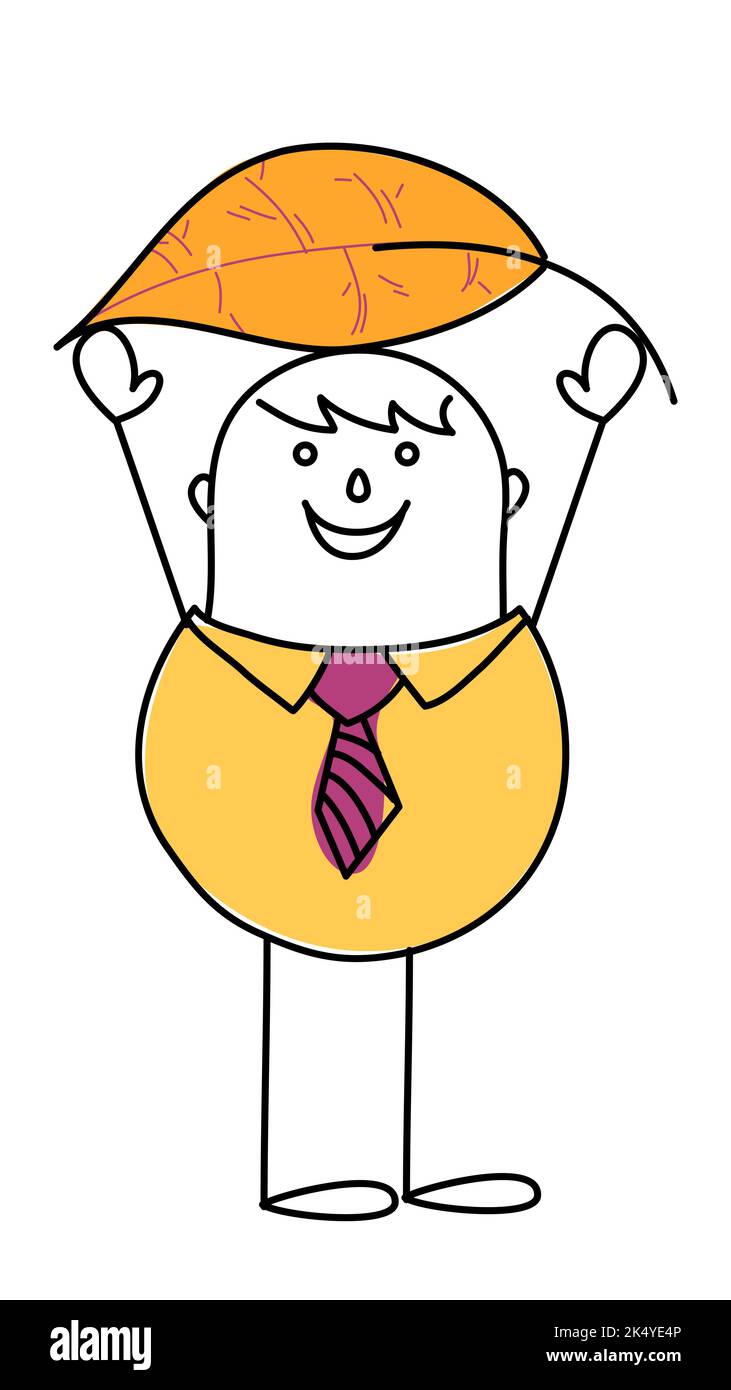 Uomo Cartoon disegnato a mano che tiene sopra la testa una grande foglia d'autunno arancione. Illustrazione Vettoriale