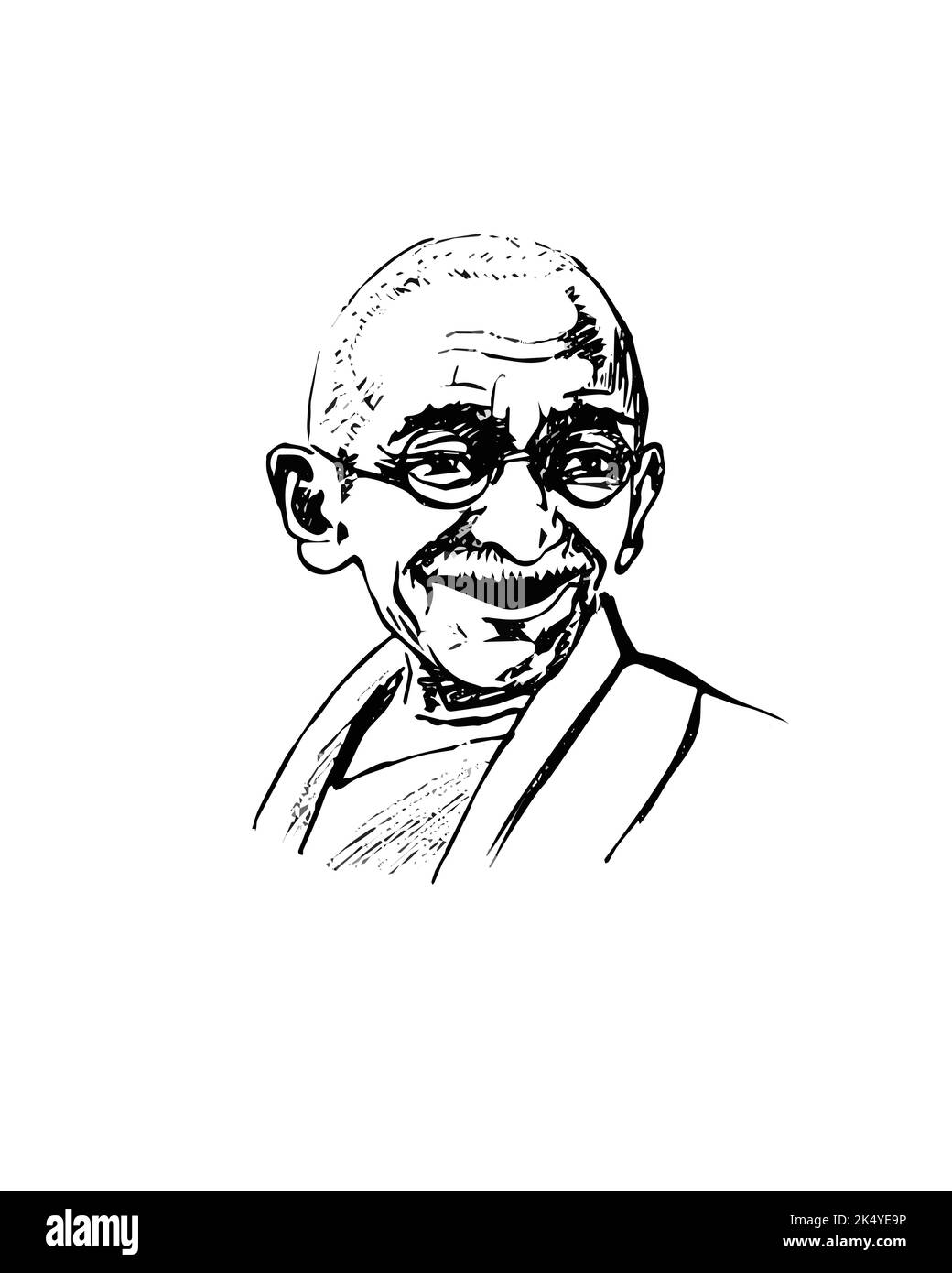 Mohandas Karamchand Gandhi doodle. Sorridente Mahatma immagine disegnata a mano. Leader mondiale del movimento per l'indipendenza contro il governo britannico in India Illustrazione Vettoriale