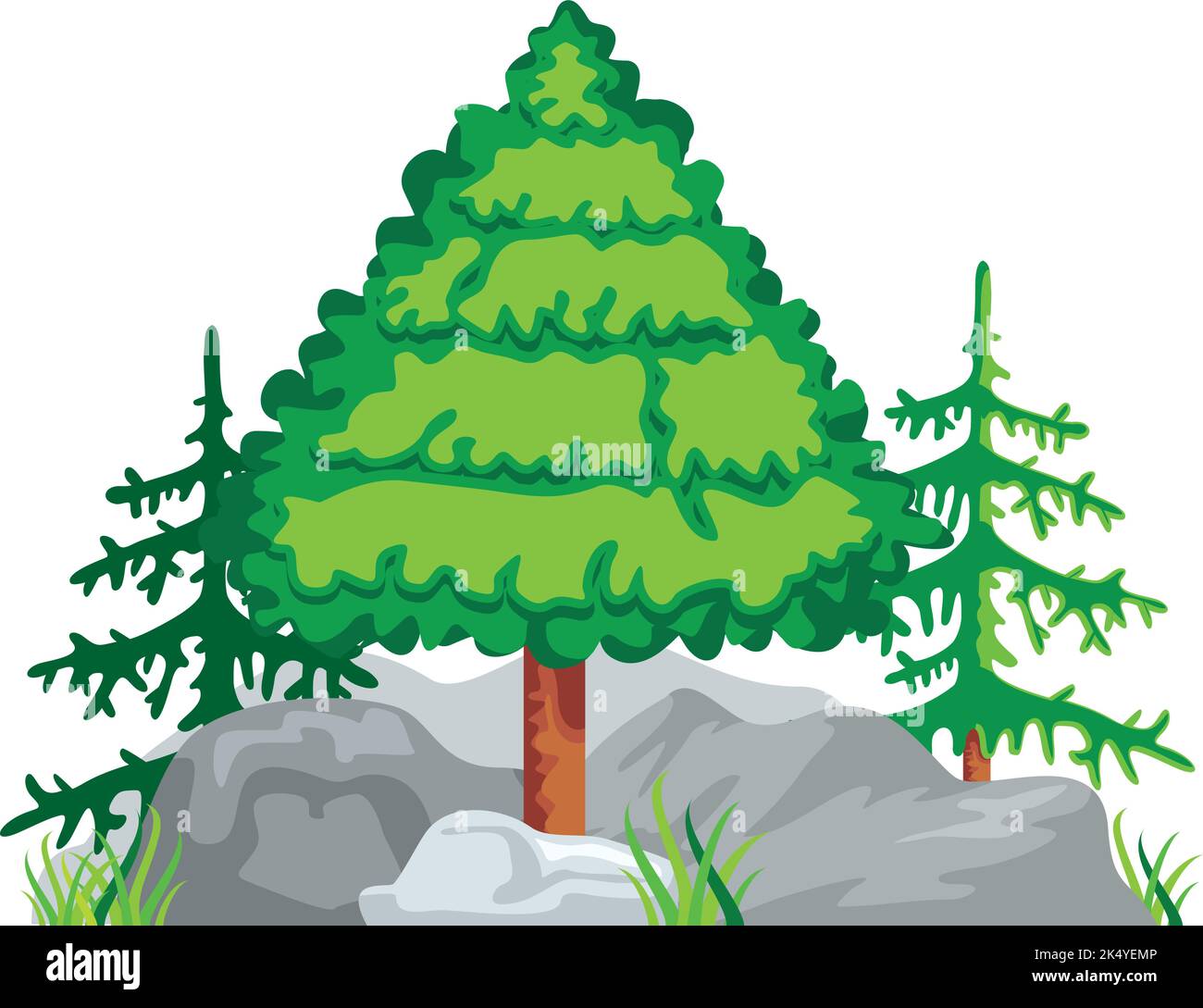 Albero verde che cresce da terra di pietra. Paesaggio forestale Illustrazione Vettoriale