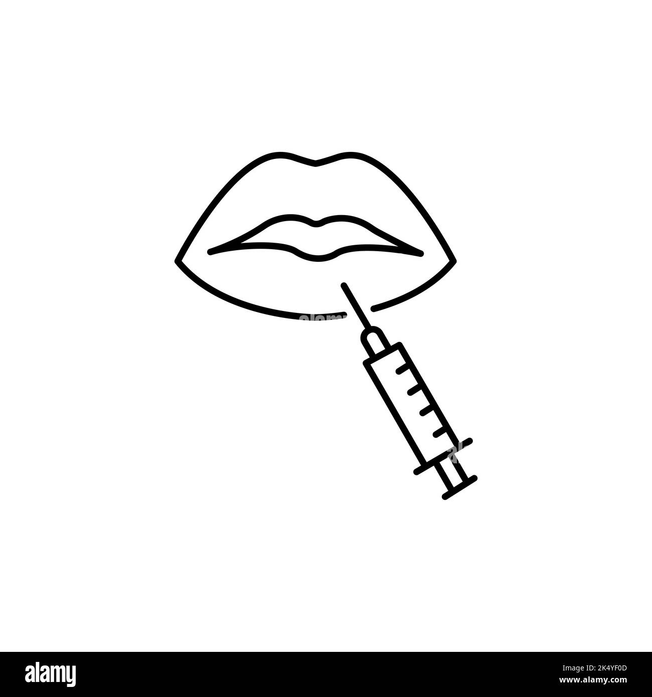 Icona lineare iniezione neurotossina. Iniezione di neurotossina nelle labbra. Simboli di contorno a linee sottili. Illustrazioni vettoriali isolate. Tratto modificabile Illustrazione Vettoriale