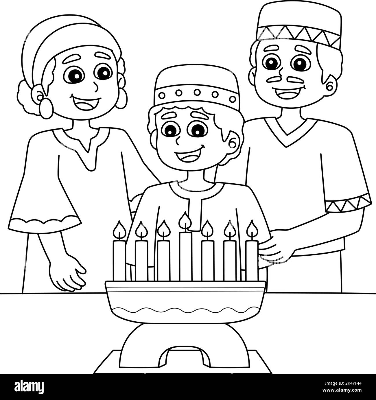 Kwanzaa Famiglia e Kinara colorazione pagina per bambini Illustrazione Vettoriale