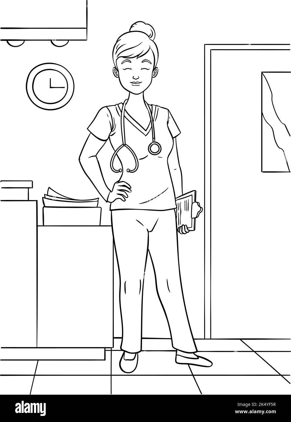 Pagina di colorazione infermiera per bambini Illustrazione Vettoriale