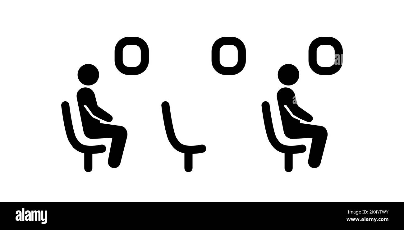 Mantenere una distanza di sicurezza a bordo dell'aeromobile. I passeggeri devono mantenere una distanza sociale in cabina. Prevenzione dell'infezione da coronavirus. Adesivo. Icona. Illustrazione Vettoriale
