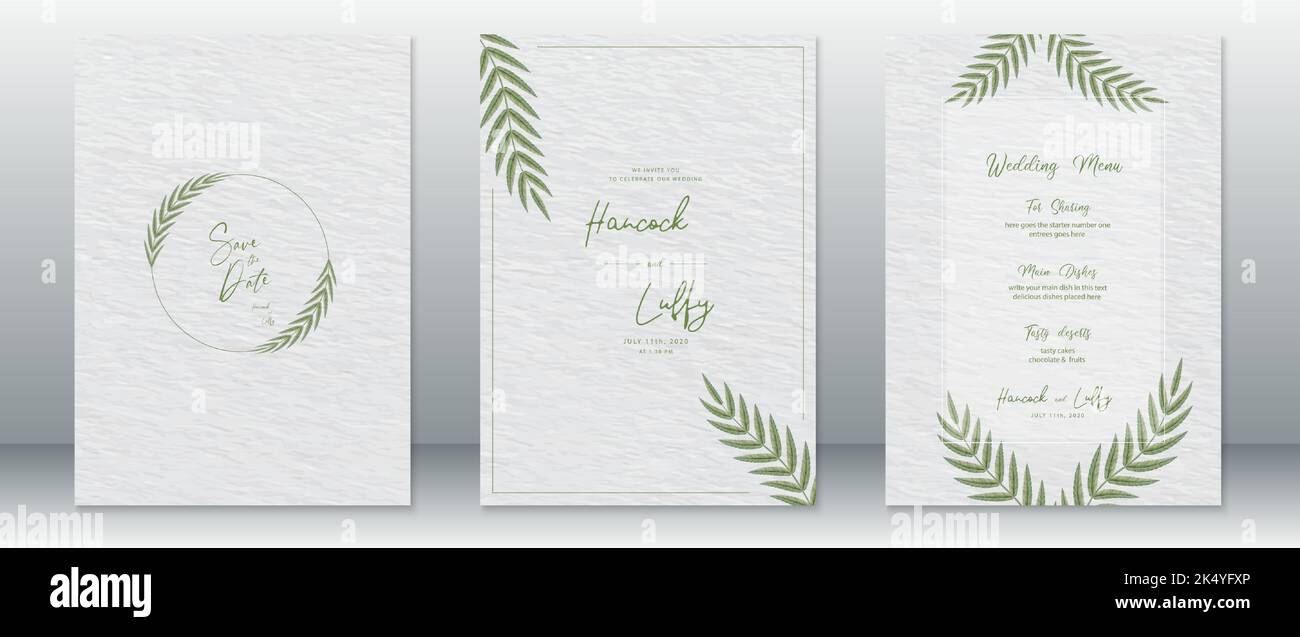 Modello di biglietto d'invito per matrimoni con sfondo acquerello e foglia verde naturale Illustrazione Vettoriale