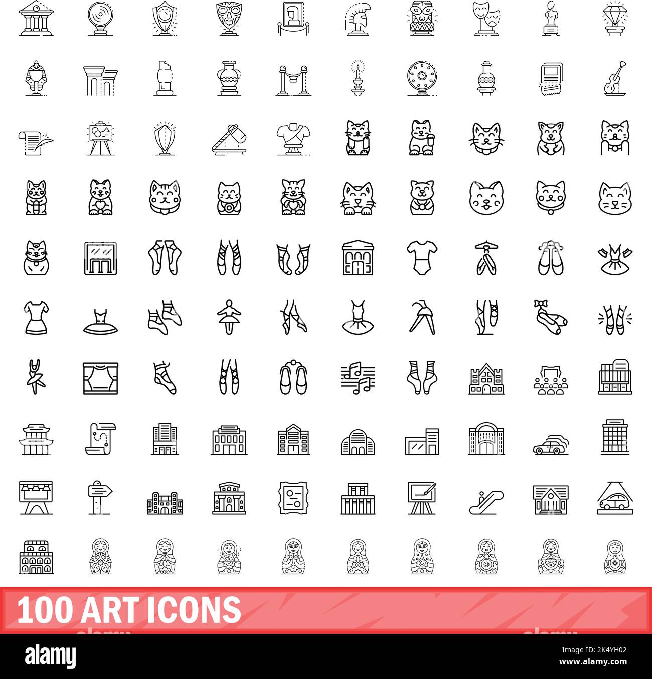 100 icone art impostate. Illustrazione di 100 icone ART insieme vettoriale isolato su sfondo bianco Illustrazione Vettoriale