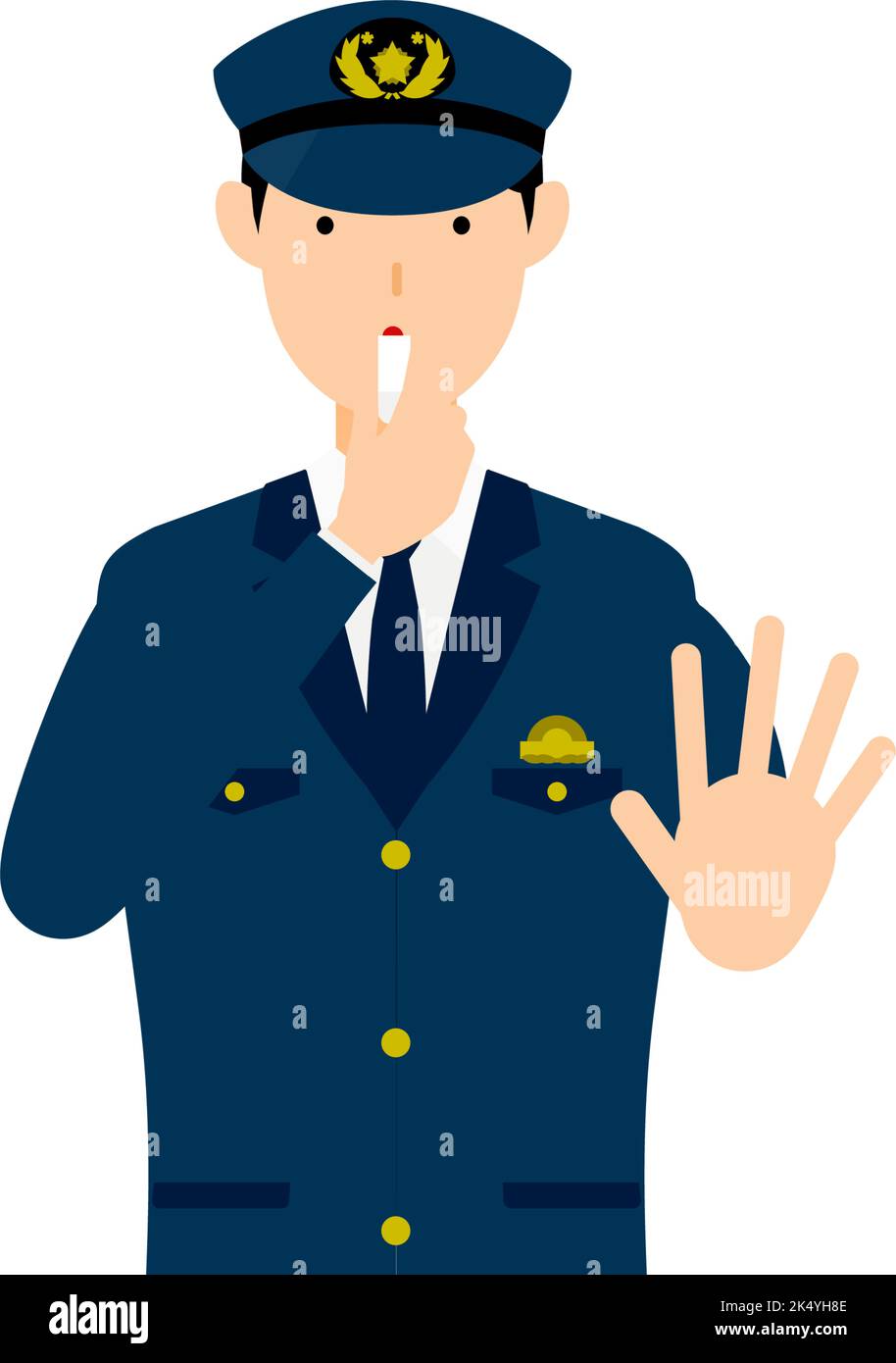 Giovane poliziotto maschio in posa, soffia un fischio per fermare Illustrazione Vettoriale