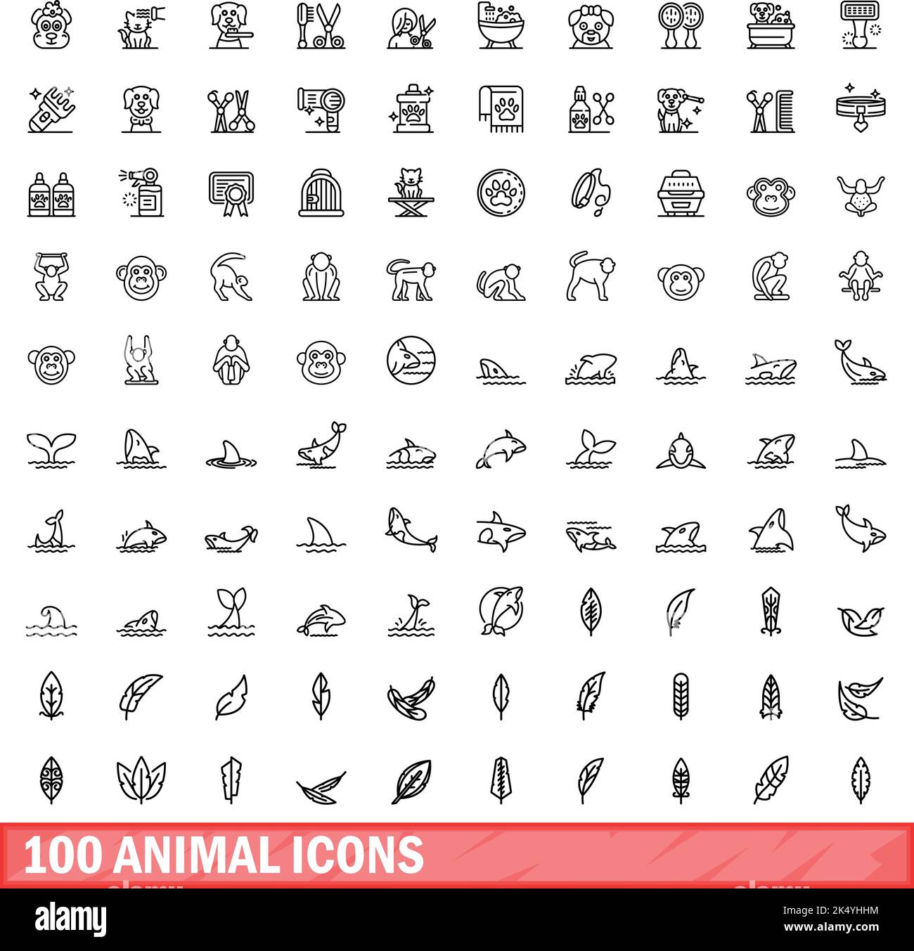 100 icone animali impostate. Illustrazione di un vettore di 100 icone animali isolato su sfondo bianco Illustrazione Vettoriale