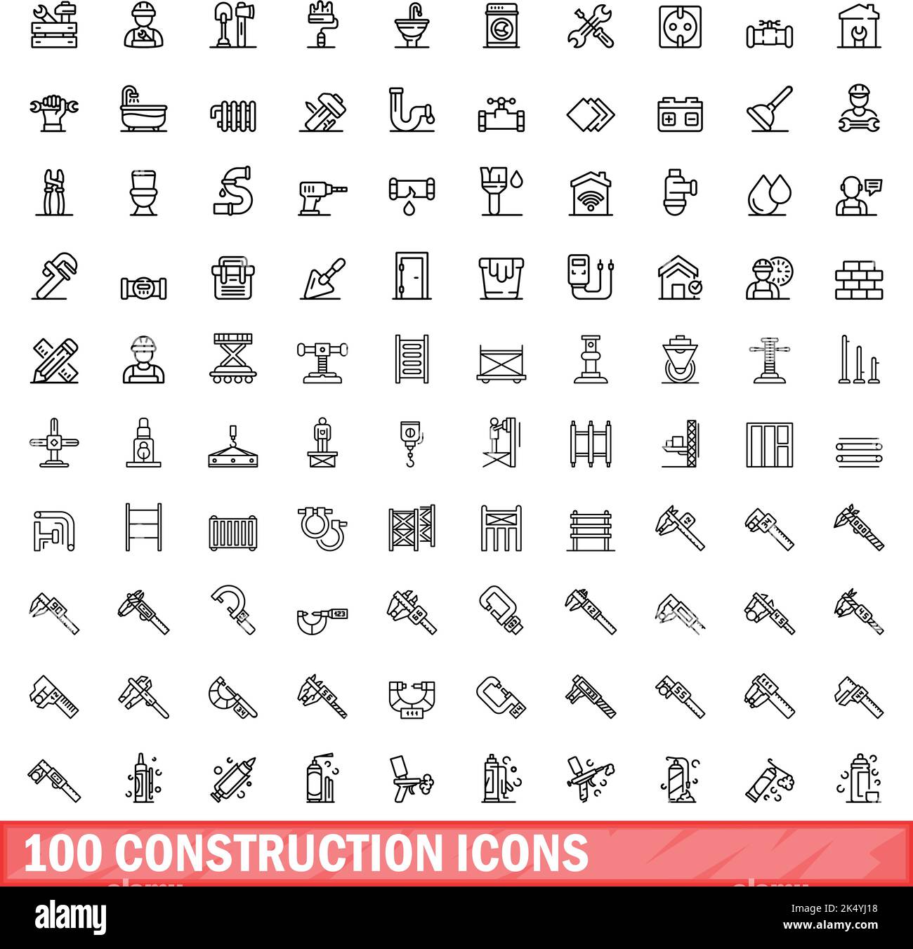 100 icone di costruzione impostate. Illustrazione del contorno di 100 icone di costruzione vettore set isolato su sfondo bianco Illustrazione Vettoriale