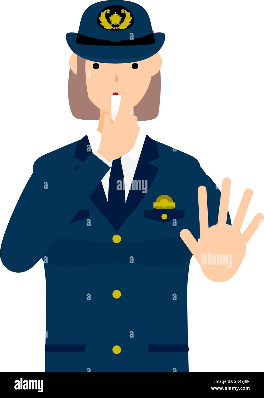 Giovane poliziotto femminile in posa, soffia un fischio per fermare Illustrazione Vettoriale