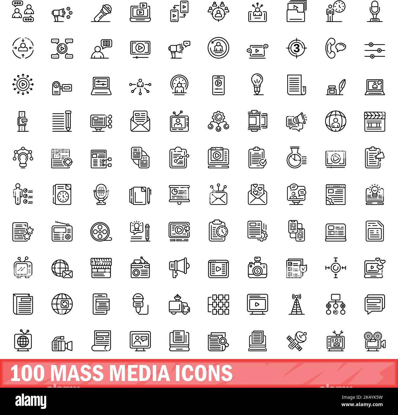 100 icone dei supporti di massa impostate. Illustrazione schematica di 100 icone dei supporti di massa set vettoriale isolato su sfondo bianco Illustrazione Vettoriale