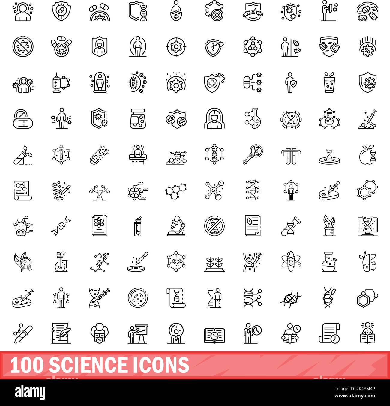 set di 100 icone scientifiche. Illustrazione di un vettore di 100 icone scientifiche isolato su sfondo bianco Illustrazione Vettoriale