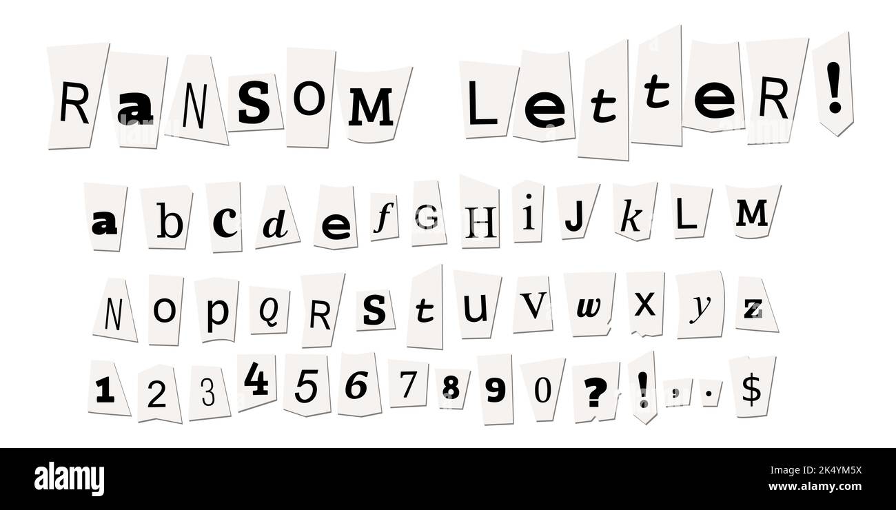 Testo lettera di riscatto giornale - progetta la tua nota di ricatto personalizzata con questo vettore criminale set. Illustrazione Vettoriale