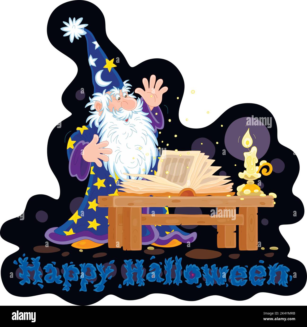 Astrologo mago che dice incantesimi dal suo vecchio libro magico a lume di candela su una notte di Halloween scura Illustrazione Vettoriale