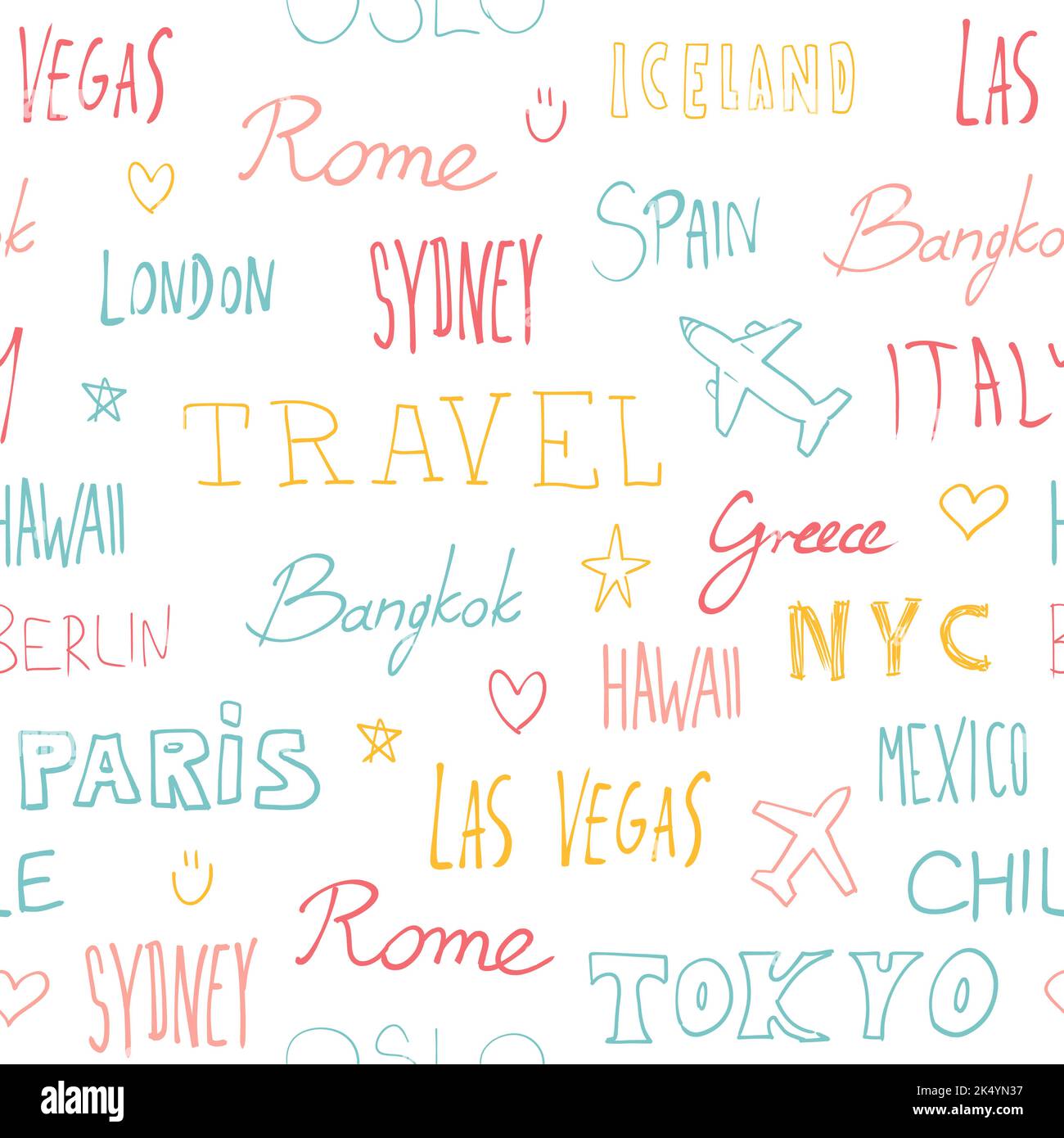 Sfondo del viaggio. Nomi di città e destinazioni di viaggio. Il testo di parola scarabocchio il motivo senza giunture. Illustrazione Vettoriale