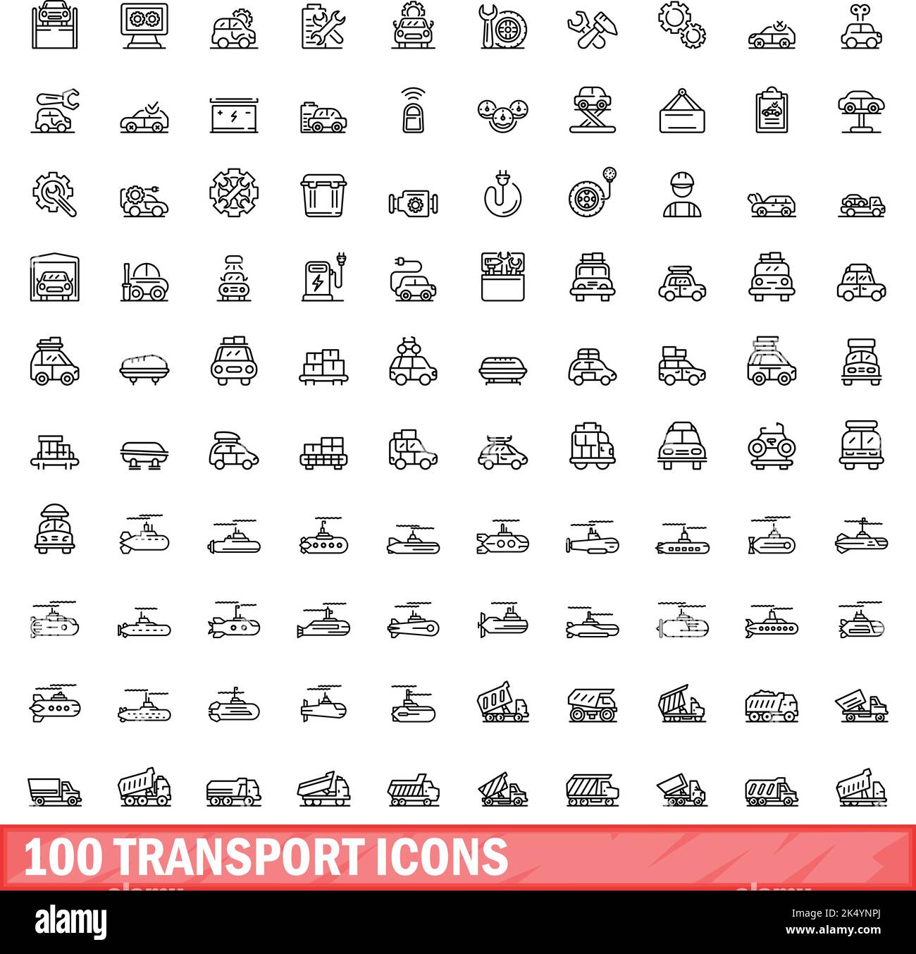 100 icone di trasporto impostate. Illustrazione schematica di 100 icone di trasporto vettore isolato su sfondo bianco Illustrazione Vettoriale