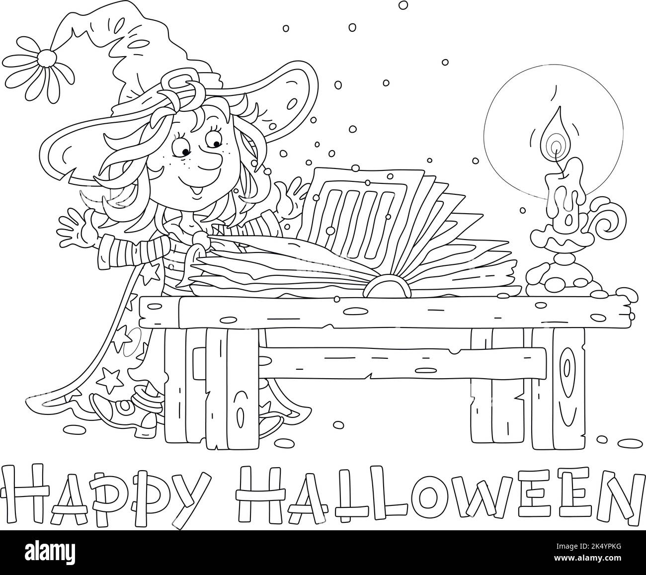 Happy Little Halloween strega in un grande cappello dicendo incantesimi misteriosi da un vecchio libro di magia a lume di candela su una mezzanotte di festa Illustrazione Vettoriale