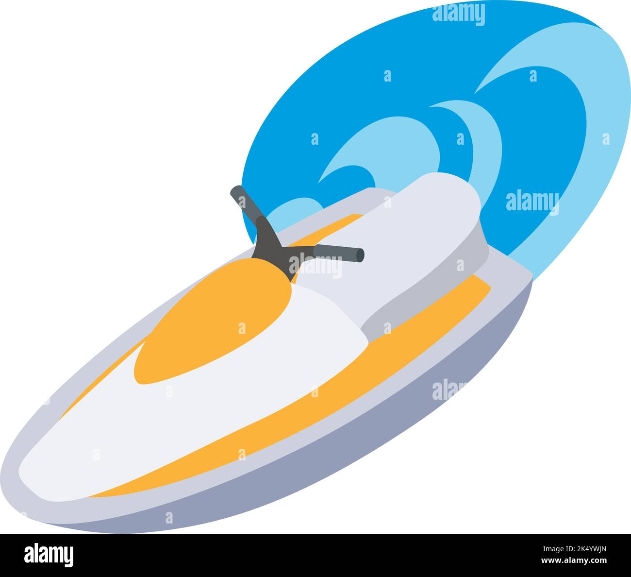 Vettore isometrico Jet ski Icon. Nuovo moderno jetski bianco giallo e grande onda di mare. Moto d'acqua, moto d'acqua, moto d'acqua, concetto attivo di ricreazione Illustrazione Vettoriale