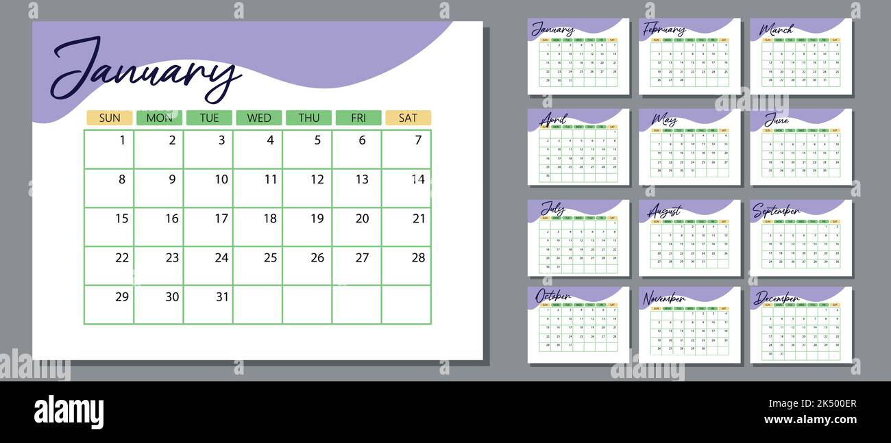 Calendario 2023 anno. Set di 12 pagine di calendario da tavolo. Progettazione del pianificatore calendario per la stampa del modello Illustrazione Vettoriale