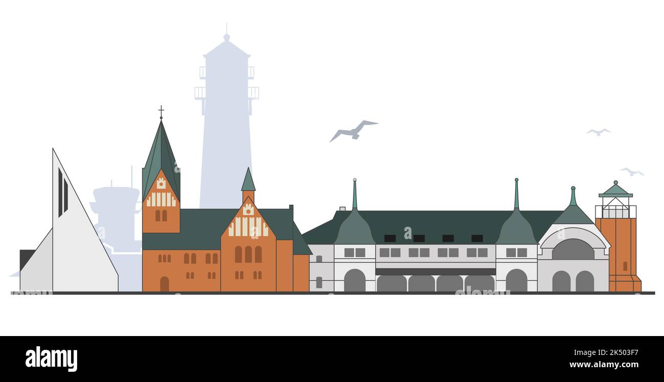 Paesaggio urbano dell'isola di Sylt con i suoi punti di riferimento, località balneare tedesca, paesaggio urbano di Westerland, vettore Illustrazione Vettoriale