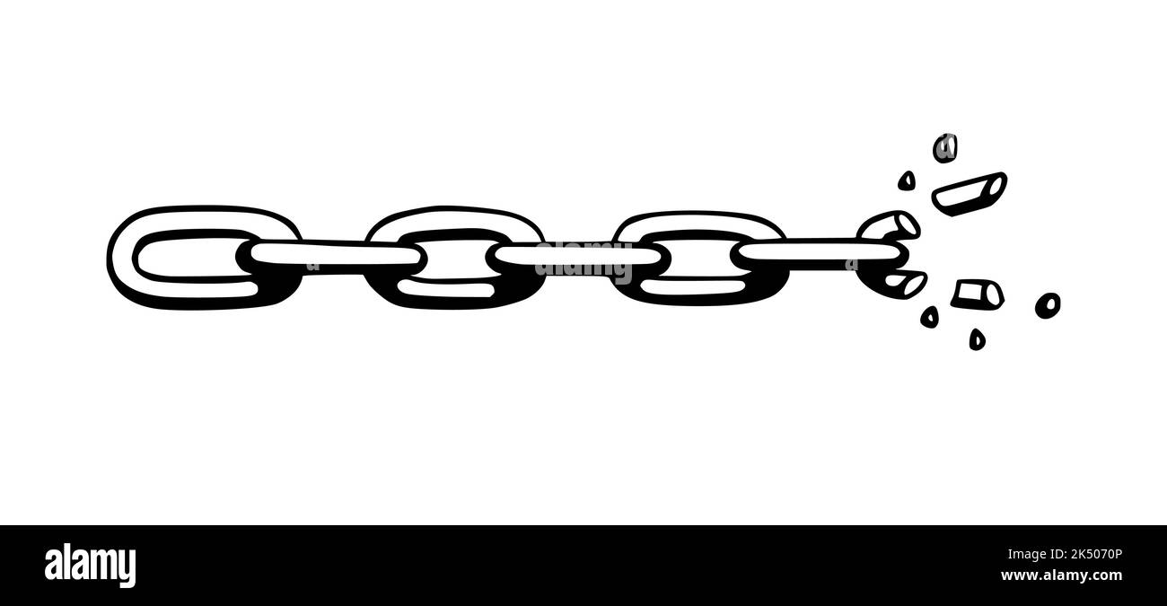 Catena spezzata con frantumazioni come simbolo di forza e libertà. Schizzo delle catene metalliche. Illustrazione vettoriale isolata su sfondo bianco Illustrazione Vettoriale