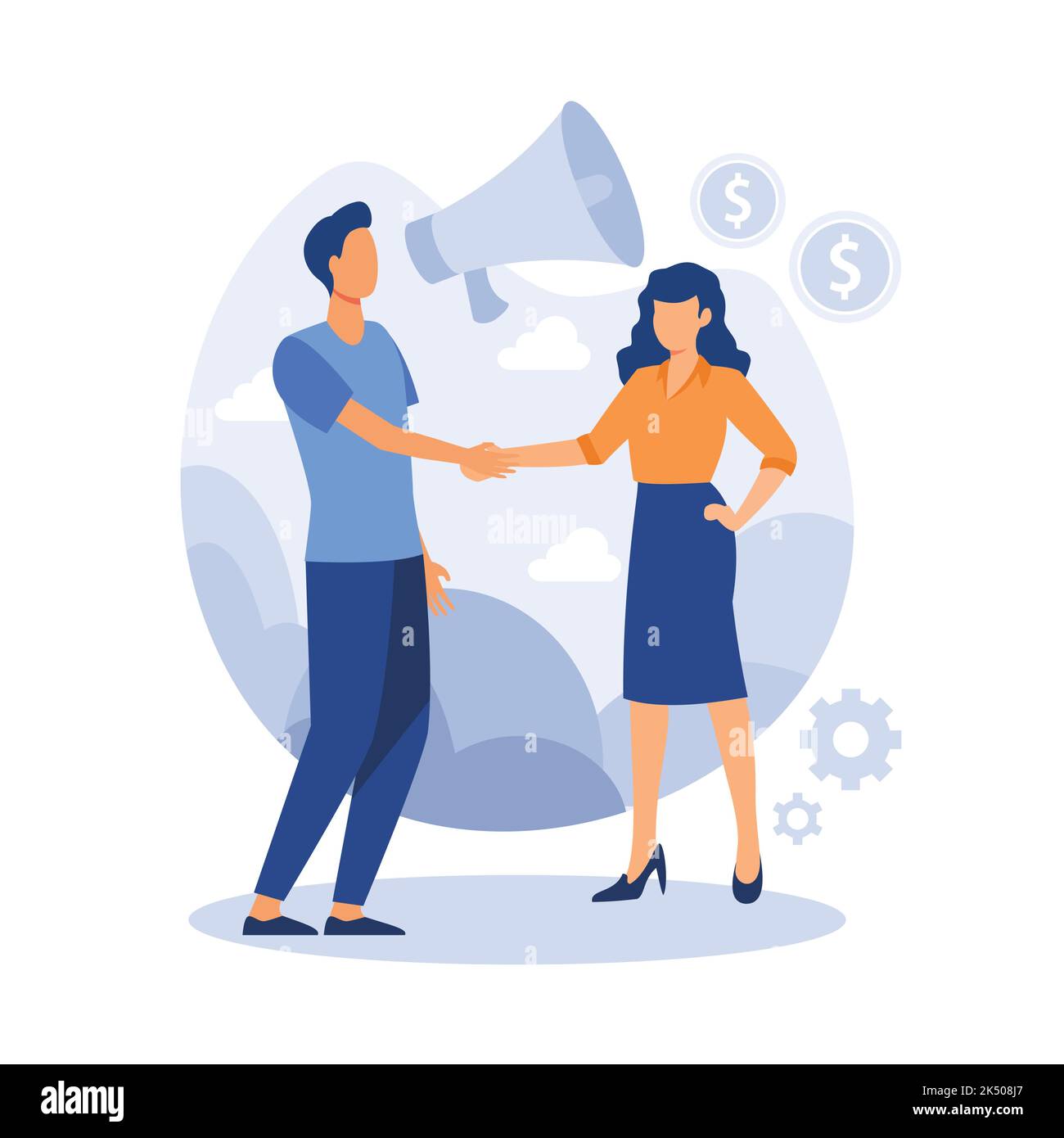 conclusione online della transazione. apertura di una nuova startup. handshake aziendale, via telefono e laptop. illustrazione vettoriale in un'inve piatta Illustrazione Vettoriale